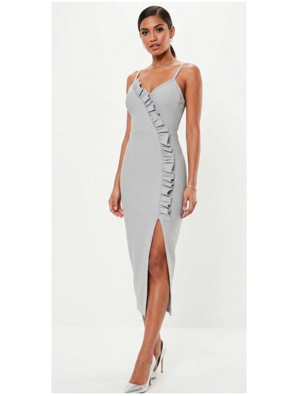 Missguided Ruffle Asymmetric Midi Dress, Silver Grey, Womens Size US 4 / EU 36